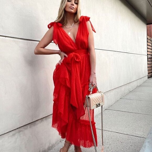 VICI Red Carrie In Paris Tiered Polka Dot Tulle Midi Dress Small - Picture 1 of 12